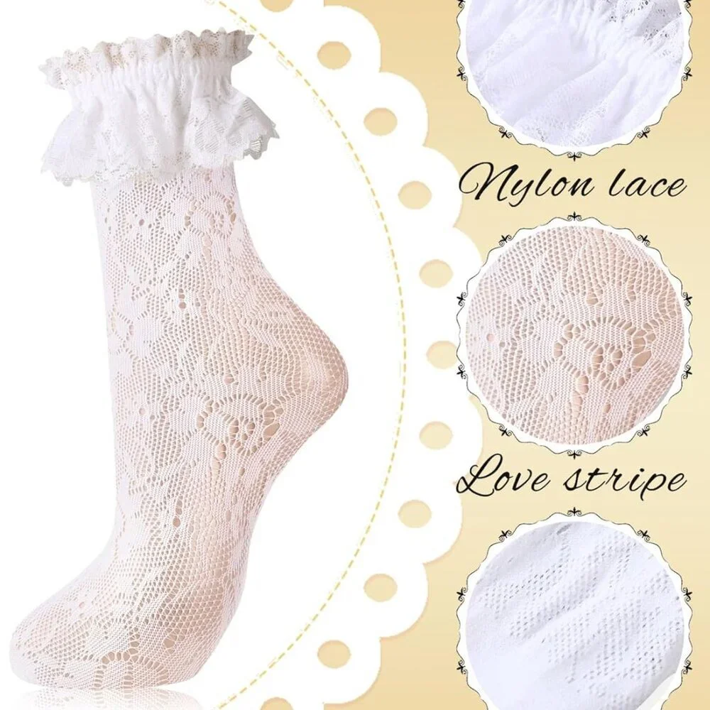 4 Pairs Women's Lace Ankle Socks Ruffle Frilly Mesh for Women - Picture 5 of 7